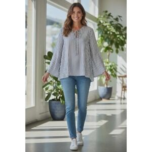 Mossimo Supply Co. Blouse Women's Blue & White Stripe Tie Front V-Neck Size M